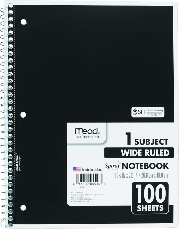 Mead Spiral Notebook, 1 Subject, Wide Ruled Paper, 100 Sheets, 10-1/2" x 8", Color Selected For You, 1 Count (05514) (Pack of 2)