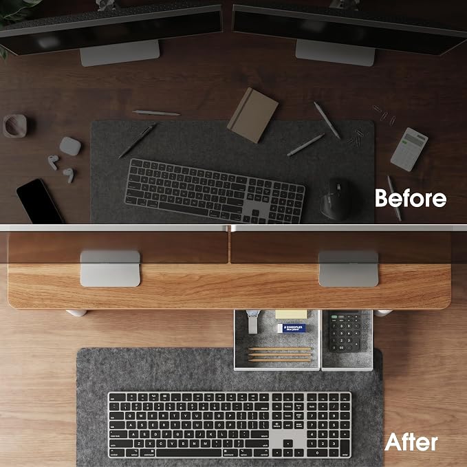 Fenge 42.5" Monitor Stand with Storage Drawers, Minimalist Monitor Riser with Solid Ash Legs and Cable Management, Wooden Desk Shelf for Home Office Workspaces, Dark Oak