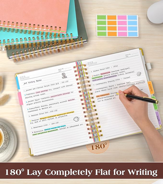 Spiral Notebook Journal with Removable Dividers Tabs, 300 Pages Hardcover Leather 5 Subject College Ruled Notebook, 6.1"x8.2" Large A5 Lined Journal for Women Men Spiral Notebook for Work School,Beige
