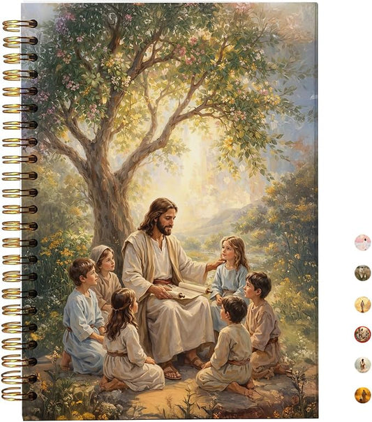 bitCNY Christian Notebook 5.5x8.3 Inches – Jesus with Children Illustrated Faith Journal, Religious Spiral Notebook for Bible Study or Gifts
