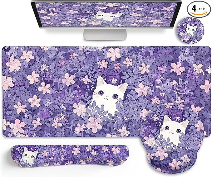 LIMKRIAN Purple Mouse Pad Large Desk Mat Set, Kawaii Cat Gaming Mousepad | Ergonomic Wrist Rest, Computer Mat, Keyboard Wrist Support, Coaster, Cute Purple Office Desk Accessories Cat Decor Supplies