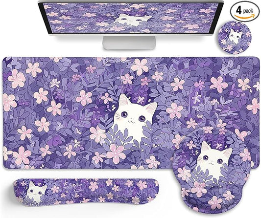 LIMKRIAN Purple Mouse Pad Large Desk Mat Set, Kawaii Cat Gaming Mousepad | Ergonomic Wrist Rest, Computer Mat, Keyboard Wrist Support, Coaster, Cute Purple Office Desk Accessories Cat Decor Supplies