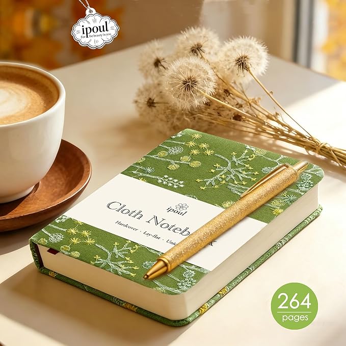 Pocket Notebook, A6 Journal, Small Embroidered Journal, Cute Fabric Notebook, Lay Flat Hardcover Journal, 4x6 Lined Notebook & Sketchbook, Personal Writing Journal for Women, Green Dandelion