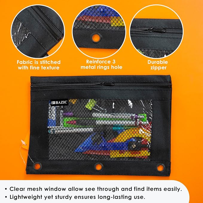 BAZIC PRODUCTS Black 3-Ring Pencil Pouch with Mesh Window, 2-Pack | clear mesh window and a zipper closure for pens, pencils, supplies