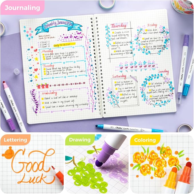 Ohuhu Journal Pens 24 Colors Dot Markers Dual Tip Coloring Markers - Kumimi | Calligraphy Brush & Dot for Adults Water-based Metallic & Regular Colors Dot Pens for Lettering Journal Scrapbooking