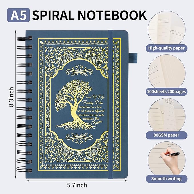 A5 Hardcover Spiral Notebook Tree of Life Journal Daily Journals for Writing Travel Notebooks Journal for Women Men 80GSM Paper Leather Spiral Journal,5.7"x8.3"（Spiral Tree -Dark Blue)
