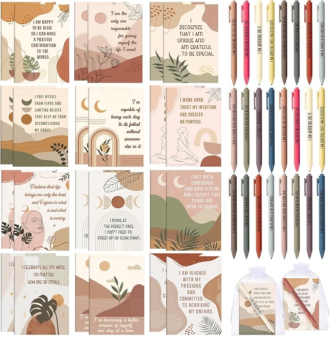 Mooliwe 24 Pcs Positive Affirmation Gift Set Gratitude Notebooks with Pens Small Bags Motivational Encouragement Notepads Daily Affirmations Journal for Women Stress Relief Self Care (Abstract)