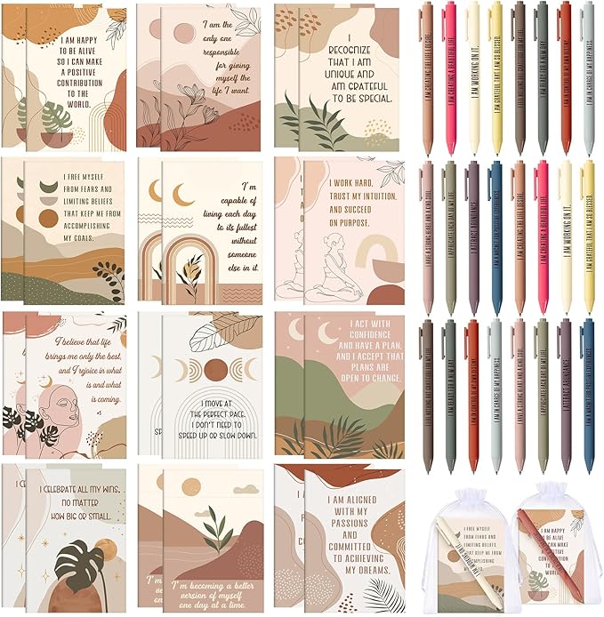 Mooliwe 48 Pcs Positive Affirmation Gift Set Gratitude Notebooks with Pens Small Bags Motivational Encouragement Notepads Daily Affirmations Journal for Women Stress Relief Self Care (Abstract)