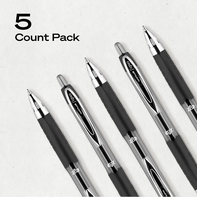 uniball™ 207 Gel Pens, Black Ink, 0.7mm Medium Point, Retractable, 5 Count | Smooth Writing, Fraud-Resistant, uni Super Ink™