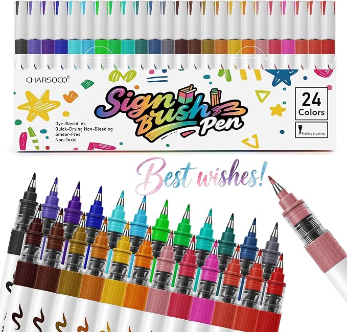 Arts Sign Brush Pens, 24 Colors Calligraphy Brush Pens with Felt Tip, Water Based Ink, Markers for Hand Lettering, Journaling, Art Drawing and Calligraphy
