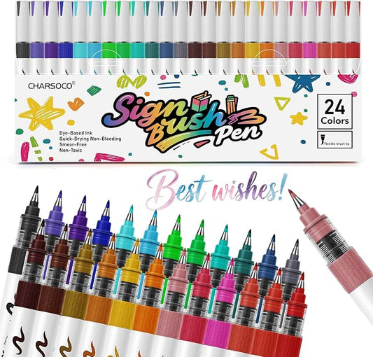 Arts Sign Brush Pens, 24 Colors Calligraphy Brush Pens with Felt Tip, Water Based Ink, Markers for Hand Lettering, Journaling, Art Drawing and Calligraphy