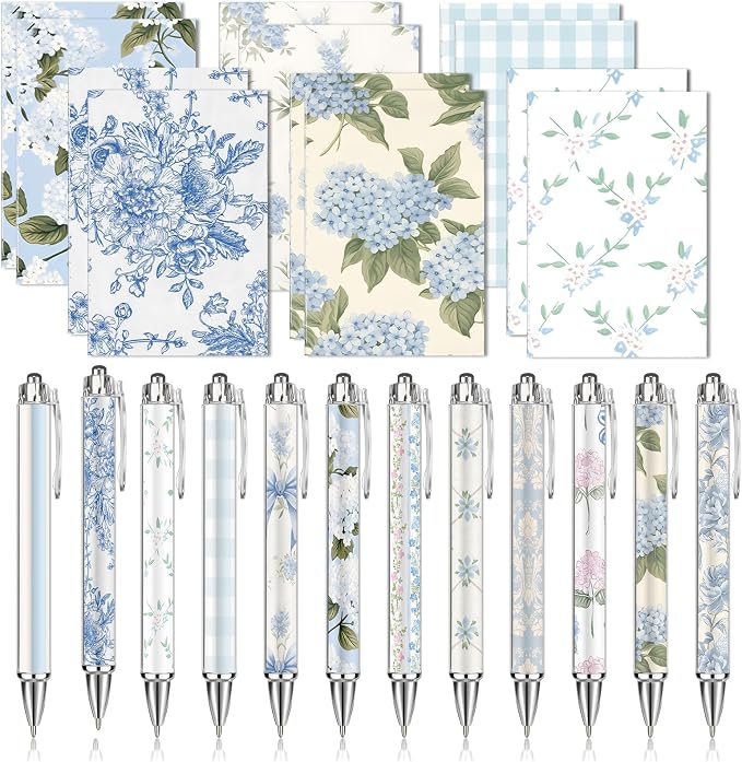 Motiskyy 24 Pcs Hydrangea Blue and White Floral Journal Pens Pastel Floral Patterns Ballpoint Pens Grandmillennial Aesthetic Notepads Set Line Notebook for Employee Gift Student School Office Supplies