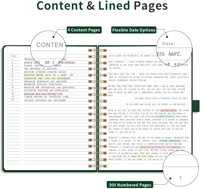 EMSHOI Lined Spiral Journal Notebook, 300 Numbered Pages, B5 (7.4"x10") | College Ruled, Leather Hardcover, 100 GSM Thick Paper, for School, Writing, Work, Office & Journaling (Dark green)