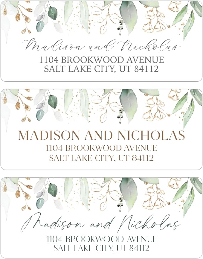 Return Address Labels Personalized with Your Choice of 30 Flower Styles - Choose Font and Font Color or Add Custom Text - Perfect for Wedding Envelopes (003 Green and Gold Leaves)