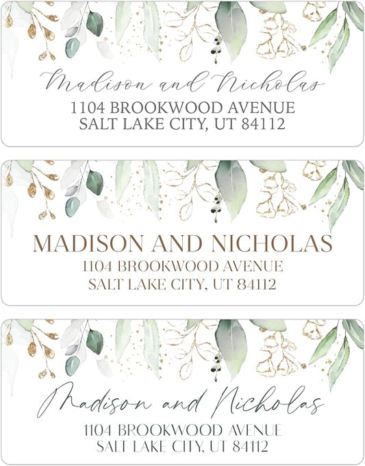 Return Address Labels Personalized with Your Choice of 30 Flower Styles - Choose Font and Font Color or Add Custom Text - Perfect for Wedding Envelopes (003 Green and Gold Leaves)