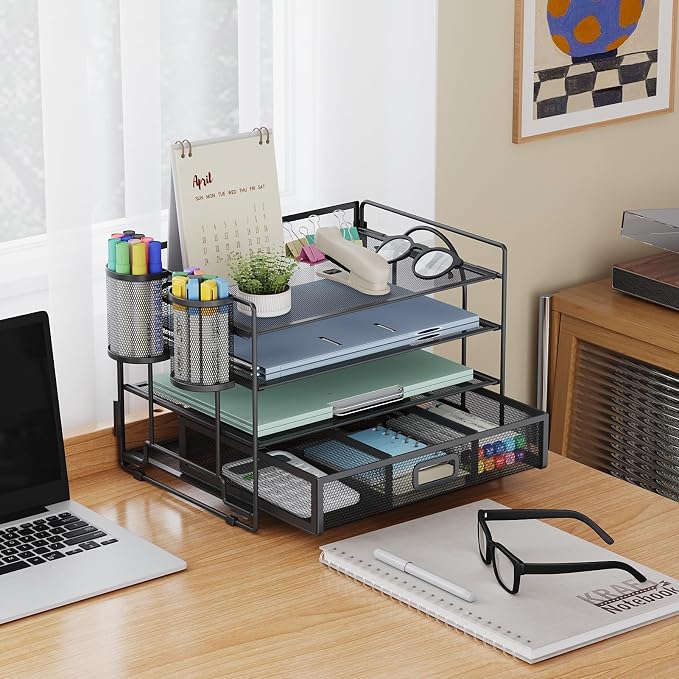 Marbrasse Desk Organizer and Accessories, 4-Tier Paper File Letter Tray Accessories & Workspace Desk Organizers with Drawer and 2 Pen Holders for School Home Office Supplies (Black)
