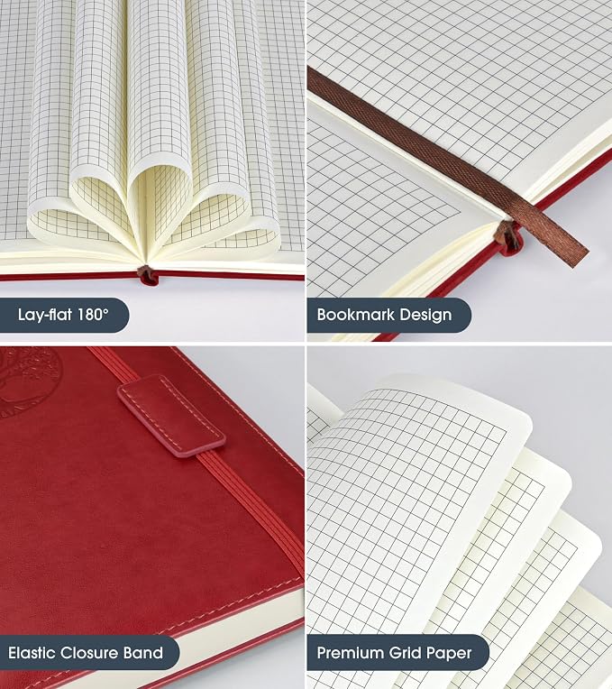 Biuwory A5 Hardcover Graph Paper Notebook, Grid Leather Journal for Writing | 140 Quad Ruled Grid Pages Vintage Diary, 5.7"×8.3" Travel Notebook for Work, School, Women & Men