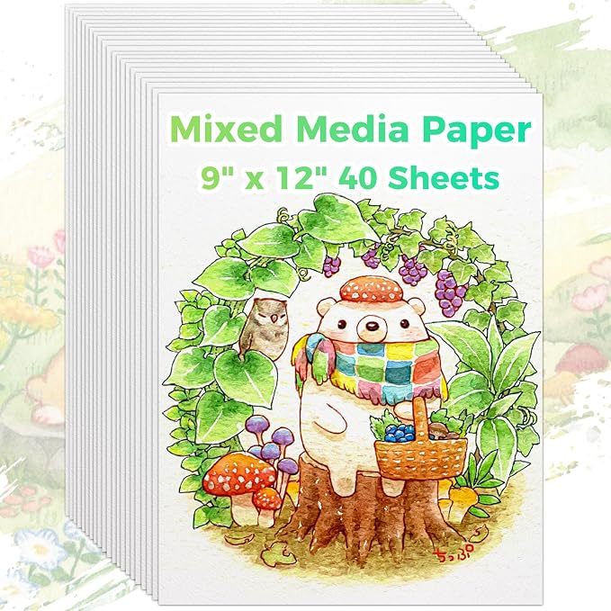 Mixed Media Paper 9" x 12",40 Sheets Multipurpose White Loose Drawing Paper | 98lb/160gsm Heavyweight Art Paper for Sketching, Sketch Book, Gouache, Painting, Sketchbook, Drawing Pad Book, School