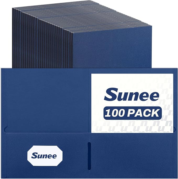 SUNEE Two Pocket Folders, 100 Pack File Folders with Business Card Slot, Textured Paper, Fit Letter Size Paper, Paper File Folder for School Office Home Business, Navy Blue