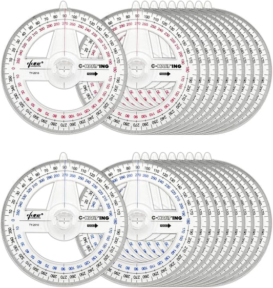 360° Protractor Set (20-Pack) – Clear Plastic Math Protractors for Geometry, Drafting & Angle Measurement – 4-Inch Swing Arm Protractor Ruler for Students, Engineers & Artists