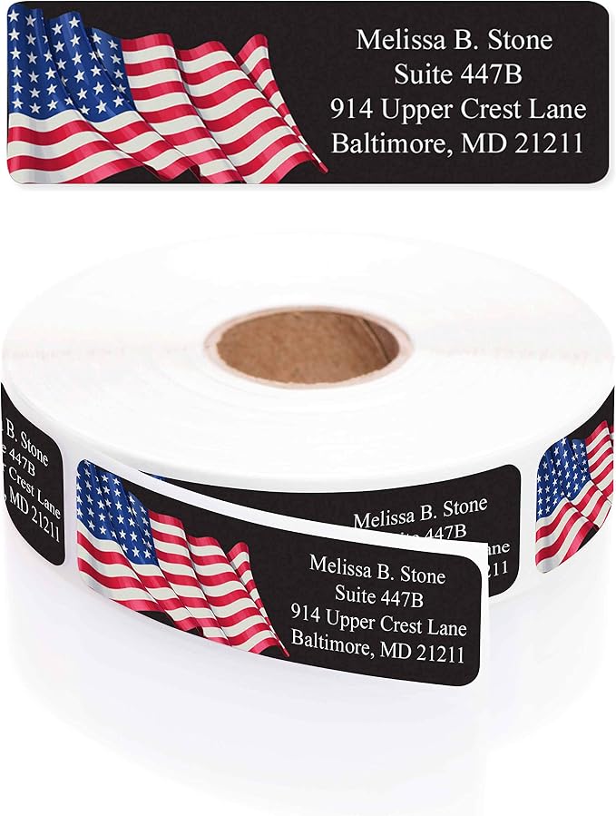 Metallic Prismatic American Flag Rolled Address Labels with Elegant Plastic Dispenser