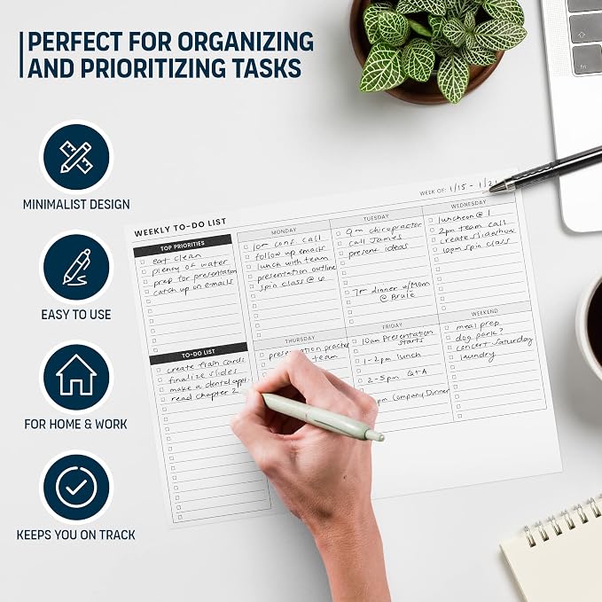 Weekly Planner Pad: To Do List Desk Notepad with Multiple Sections - 8.5x11" 52 Sheets - Undated Tear Off Notebook Calendar - Habit Planning Tracker, Task Goal Checklist Organizer - Agenda Plan Pad
