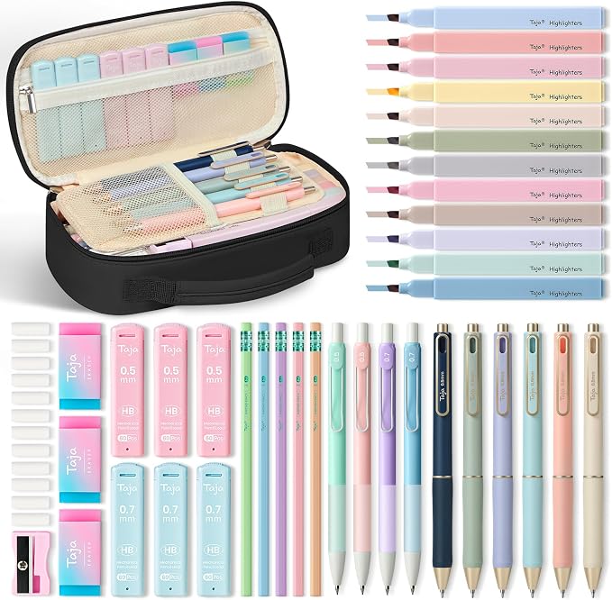 Cute Pencil Case With Supplies, 39 PCS Aesthetic Stationery Set with Pencil Pouch, 6 Black Ink Gel Pens, 12 Pastel Highlighters, 5 #2 HB Pencils, 4 Mechanical Pencils, Back to School Supplies - Black