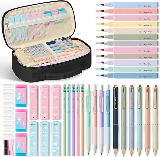 Cute Pencil Case With Supplies, 39 PCS Aesthetic Stationery Set with Pencil Pouch, 6 Black Ink Gel Pens, 12 Pastel Highlighters, 5 #2 HB Pencils, 4 Mechanical Pencils, Back to School Supplies - Black