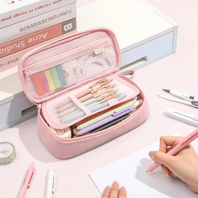 SUNEE Cute Pencil Case, Large Capacity Pencil Pouch Aesthetic Zipper Pencil Bag, Big Storage Pen Organizer for Stationery, Soft Corduroy Pencil Box Back to School Supplies for Teen Girls Boys, Pink