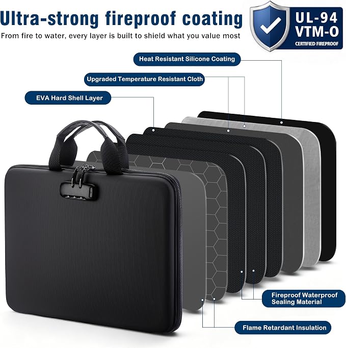 Fireproof Document Box with Lock, Hard-Shell Case Fireproof File Organizer with 13 Pocket Accordion File Folder, Portable Home Office Travel Safe Storage for Important Documents Laptop