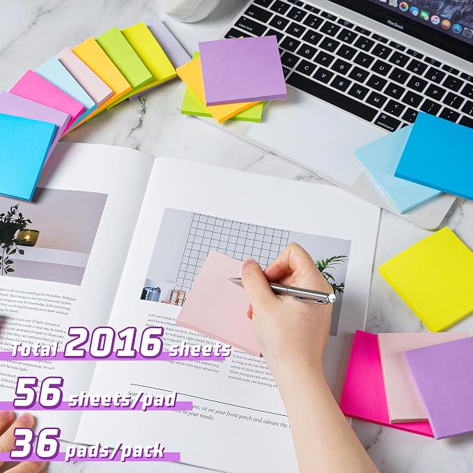 3x3 Sticky Notes 36 Pads, 9 Bright Colors Self-Adhesive Memo Pads, Strong Adhesive, Perfect for Office Desk, Home Reminders, School, Notebooks