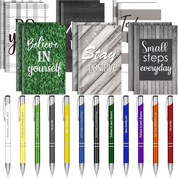 Geyee 24 Pcs Mini Motivational Pens Inspirational Notepads Bulk Appreciation Gifts Small Journals Funny Ballpoint Pen Set Prizes Men Women Office Travel Party Favors(Rustic)