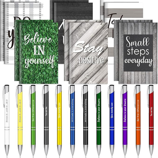 Geyee 24 Pcs Mini Motivational Pens Inspirational Notepads Bulk Appreciation Gifts Small Journals Funny Ballpoint Pen Set Prizes Men Women Office Travel Party Favors(Rustic)