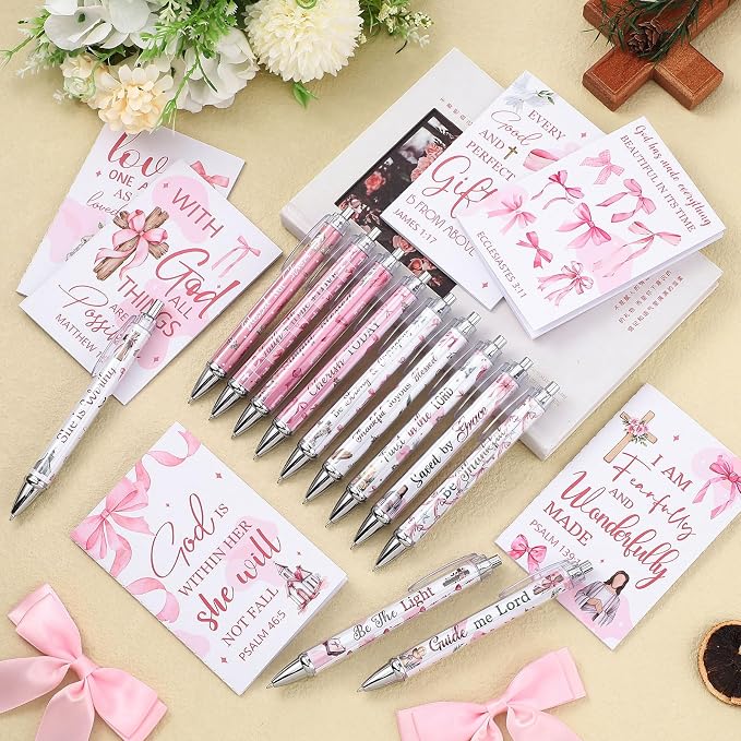 Colarr 12 Sets Christian Bulk Gifts for Women Bible Verse Pens Notebooks Religious VBS Scripture Ballpoint Pens Bookmarks Journal for Easter Sunday School Church Inspirational Supply(Bow)