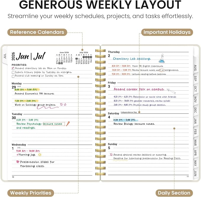 Planner 2026-2027, 6.3" x 8.5" Weekly and Monthly Academic Year Planner Calendar, July 2026 - June 2027, Hardcover Large School Planning Agenda With Tabs, Perfect for School & Office Supplies, A5, Beige