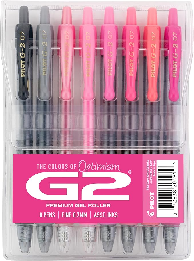 Pilot G2 Premium Gel Roller Pens, G2 Boost Pink Pens Pack, The Colors of Optimism, 8 Pack Pouch, Fine Point 0.7 mm, Assorted