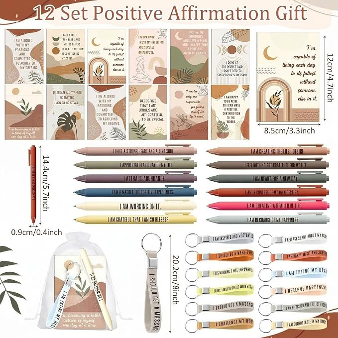 Mooliwe 12 Set Positive Affirmation Gift Set Gratitude Notebooks with Pens Keychains Small Bags Motivational Party Favors for Adult Women Coworkers Employee Group (Abstract)