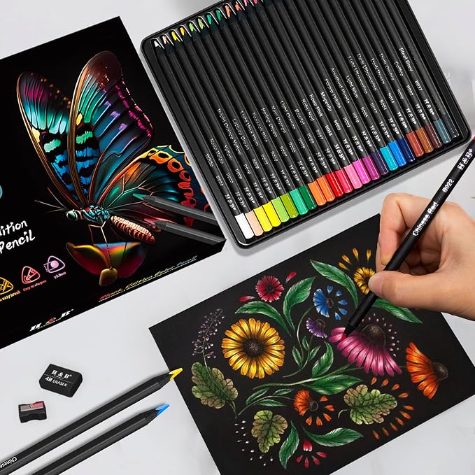 H & B 72-Color Oil-Based Colored Pencils Set with Tin Case – Triangular Grip, Vibrant Soft Core, Black Paper Swatch Sheet & Mandala Stencils for Adults, Beginners & Artists