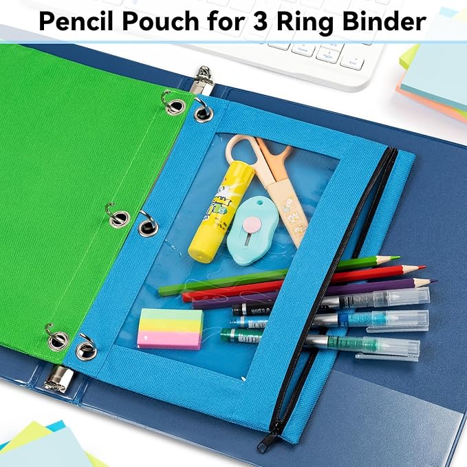 Pencil Pouch for 3 Ring Binder, Bulk 24 Pack 3-Holes Zipper Pencil Pouches in Assorted Colors, Sturdy and Durable Cloth Pencil Holder with Clear Window for Office School College Supplies