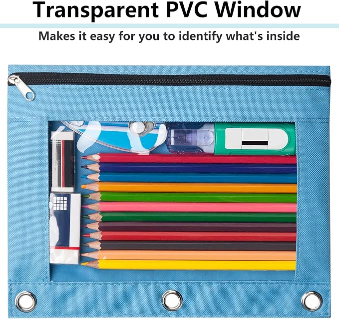 Forvencer 3 Ring Binder Pencil Pouch with Smooth Zipper, Clear Window Pencil Case, Big Capacity Pencil Bag with 3 Reinforced Grommets, Green