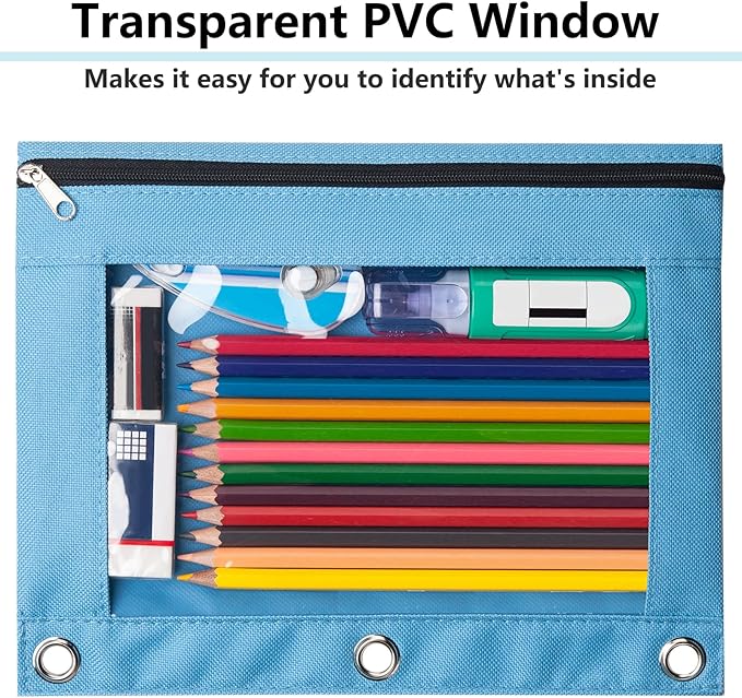 Forvencer Pencil Pouch for 3 Ring Binder, Large Pencil Case Pouch with 3 Reinforced Grommets, Pen Bag, Clear Window Pencil Case, Binder Accessories, Black