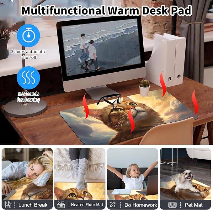 Heated Desk Pad Mouse Pad,Heated Desk Mat,with 3 Heating Levels & 3 Hours Auto Shut-Off,Leather 23.6"*14.2" Gaming Mouse Laptop Mat,Foot Warmer,Orange Cat Sky