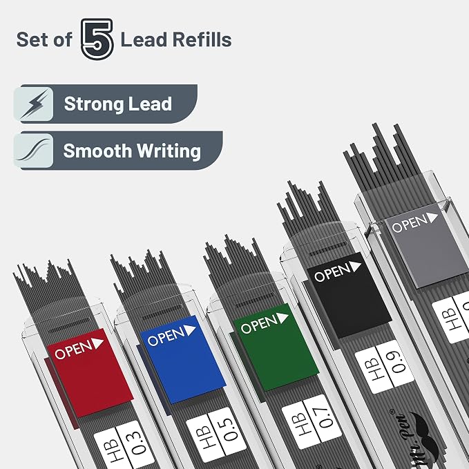 Mr. Pen- Art Mechanical Pencil Set, 5 Mechanical Pencils (0.3, 0.5, 0.7 | 0.9, 2.0mm), 5 HB Lead Refills & 10 Eraser Refills, Precision Drawing Pencils for Sketching, Writing & Technical Artwork