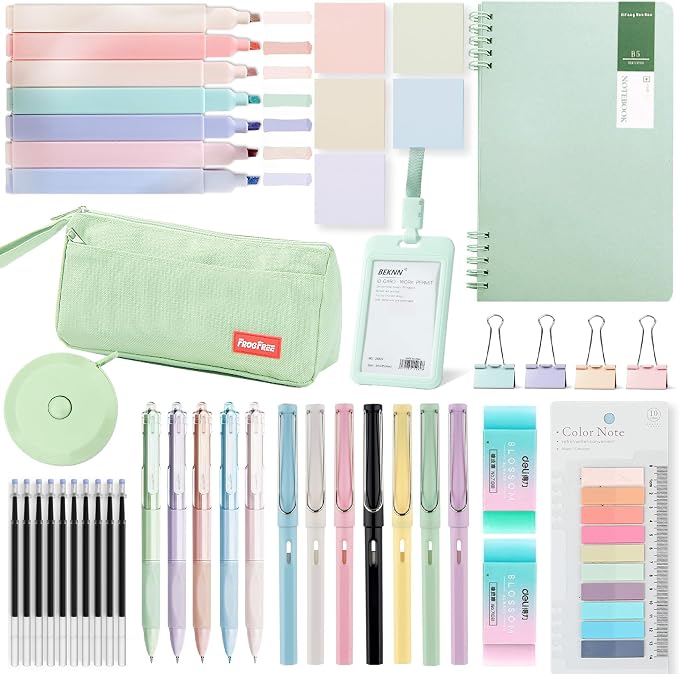 45PCS Morandi Color School Supplies Set with Notebook, Gel Ink Rollerball Pens, Pencil Cas, ID Badge Holder, fluorescent pens,Pencil, Erasers, Clip, tape measure, pen core