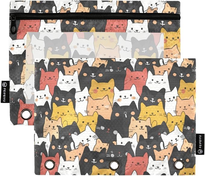 Binder Pencil Pouches, Fat Cute Cats Pattern Pencil Case with Clear Window 3 Rings Pen Case Holder Office Supplies