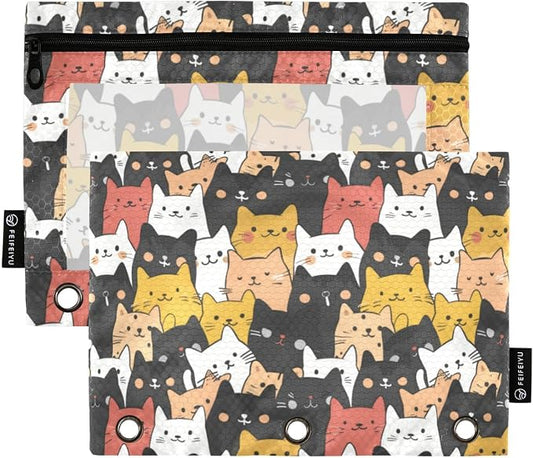 Binder Pencil Pouches, Fat Cute Cats Pattern Pencil Case with Clear Window 3 Rings Pen Case Holder Office Supplies
