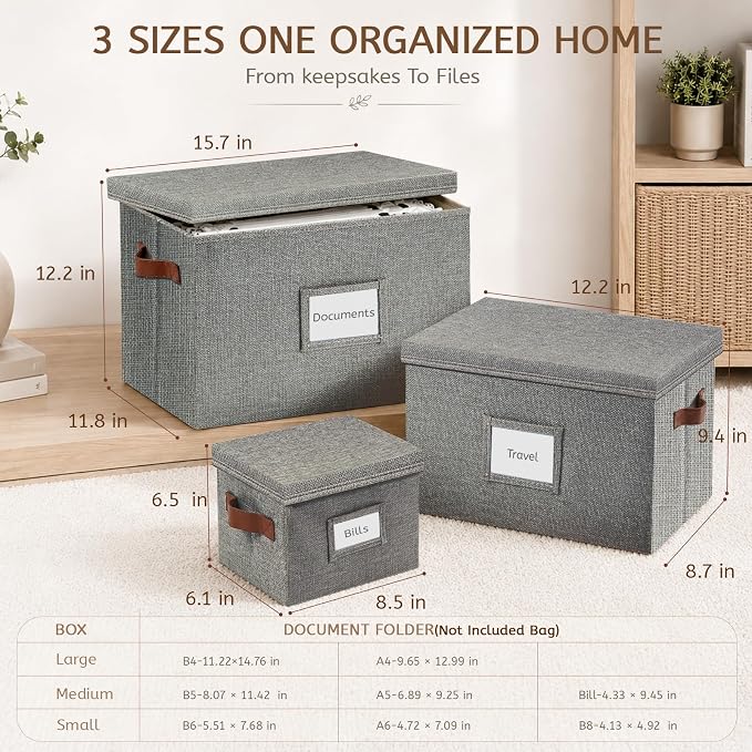 3-Pack Multi-Size Storage Containers for Office & Games, Grey | Office files & board games | Multi-size (L/M/S) | Faux leather handles & label windows | Includes labels & glue dots