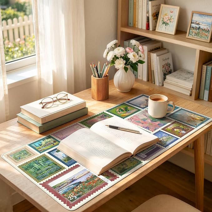 iCasso Vintage Art Desk Protector Mat, XXL Mouse Pad,Desk Matt for Desktop, Anti-Slip Big Mousepad with Stitched Edges for Aesthetic Office Decor(Sage Green)