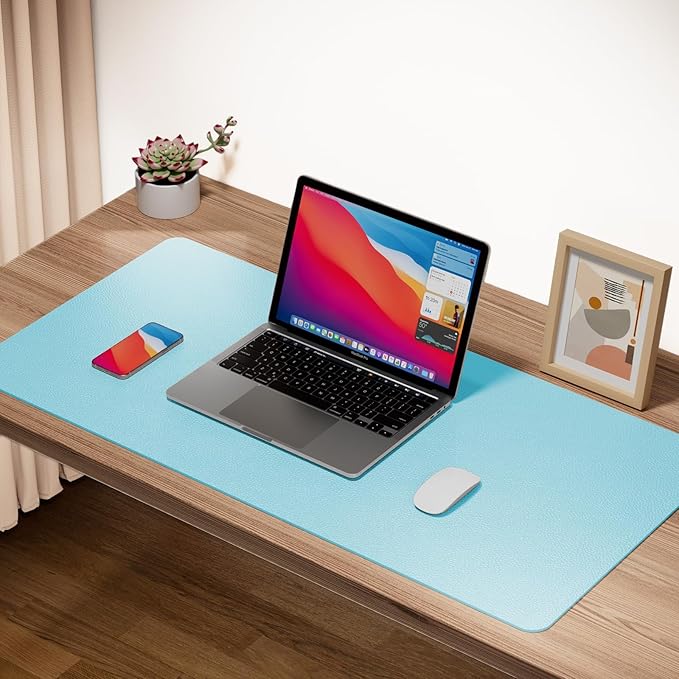 ‎Boutilon Leather Desk Pad Protector,Non-Slip Mouse Pad,Laptop Desk Pad,Office Mouse Mat,Waterproof Leather Desk Blotter,Desk Writing Pad for Office and Home (M-Light Blue,30"x14")