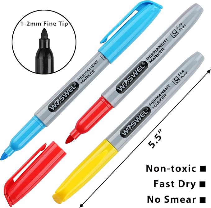WOSWEL Permanent Markers Bulk, 288 Pack Permanent Marker Set, 12 Assorted Colors, Fine Point Tip, Fast Dry, Waterproof, work on Plastic, Glass, Metal, Wood and Stone, Perfect for School, Office, Home